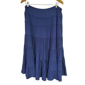 Style & Co Navy Blue Tiered Midi Skirt Boho Travel Casual Size L Elastic Waist